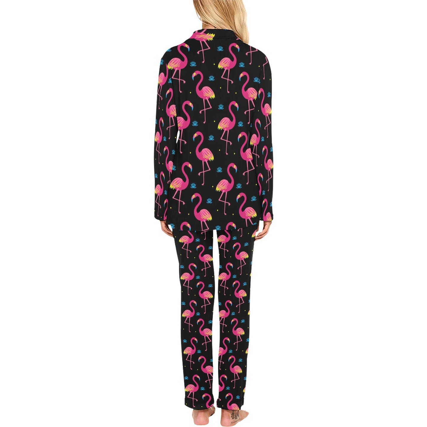 Flamingo Pink Neon Print Pattern Women's Long Pajama Set