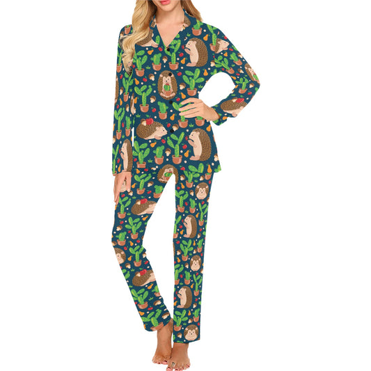 Hedgehog Cactus Pattern Print Design 04 Women's Long Pajama Set