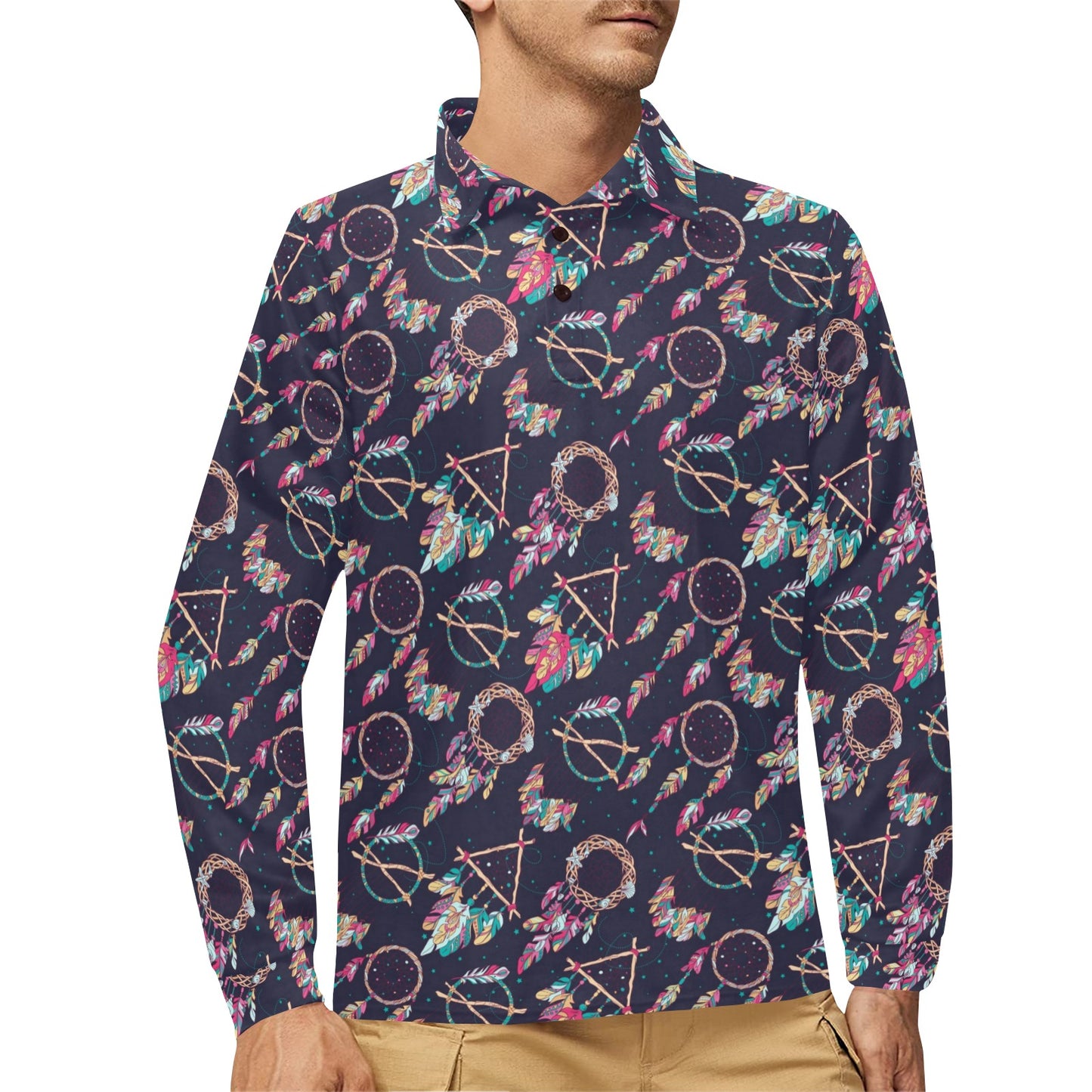 Boho Dream Catcher Colorful Long Sleeve Polo Shirt For Men's