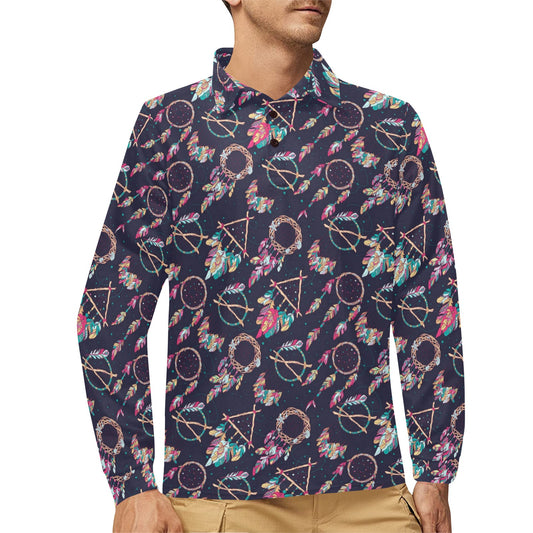 Boho Dream Catcher Colorful Long Sleeve Polo Shirt For Men's