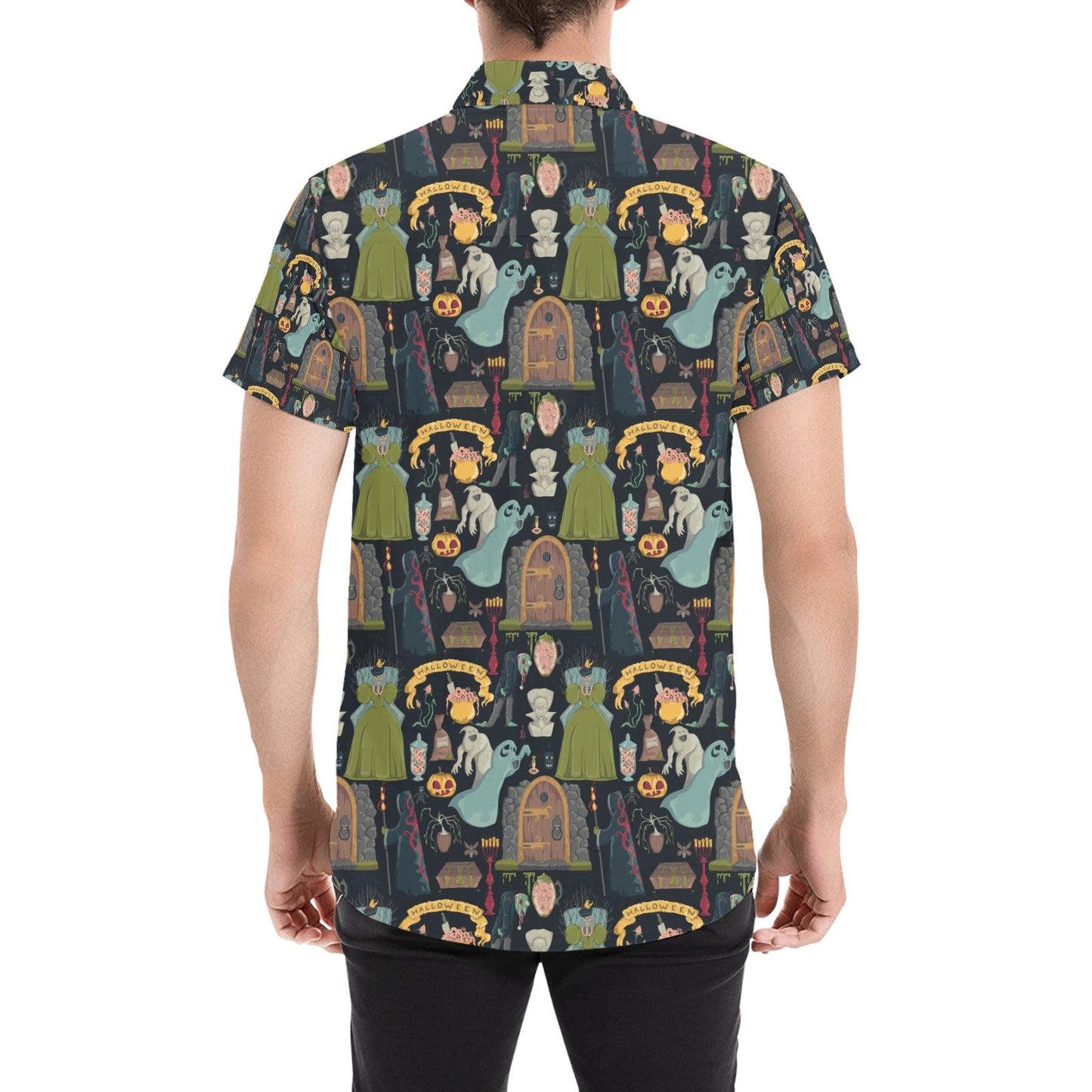 Creepy Halloween Print Design LKS304 Men Short Sleeve Button Up Shirt