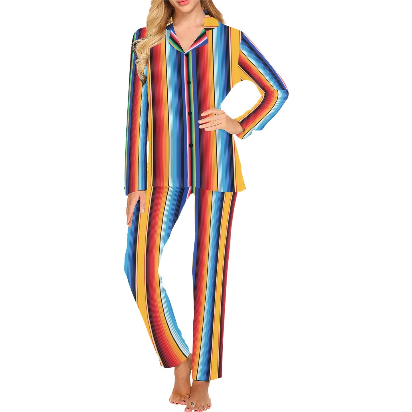 Mexican Blanket Stripe Print Pattern Women's Long Pajama Set