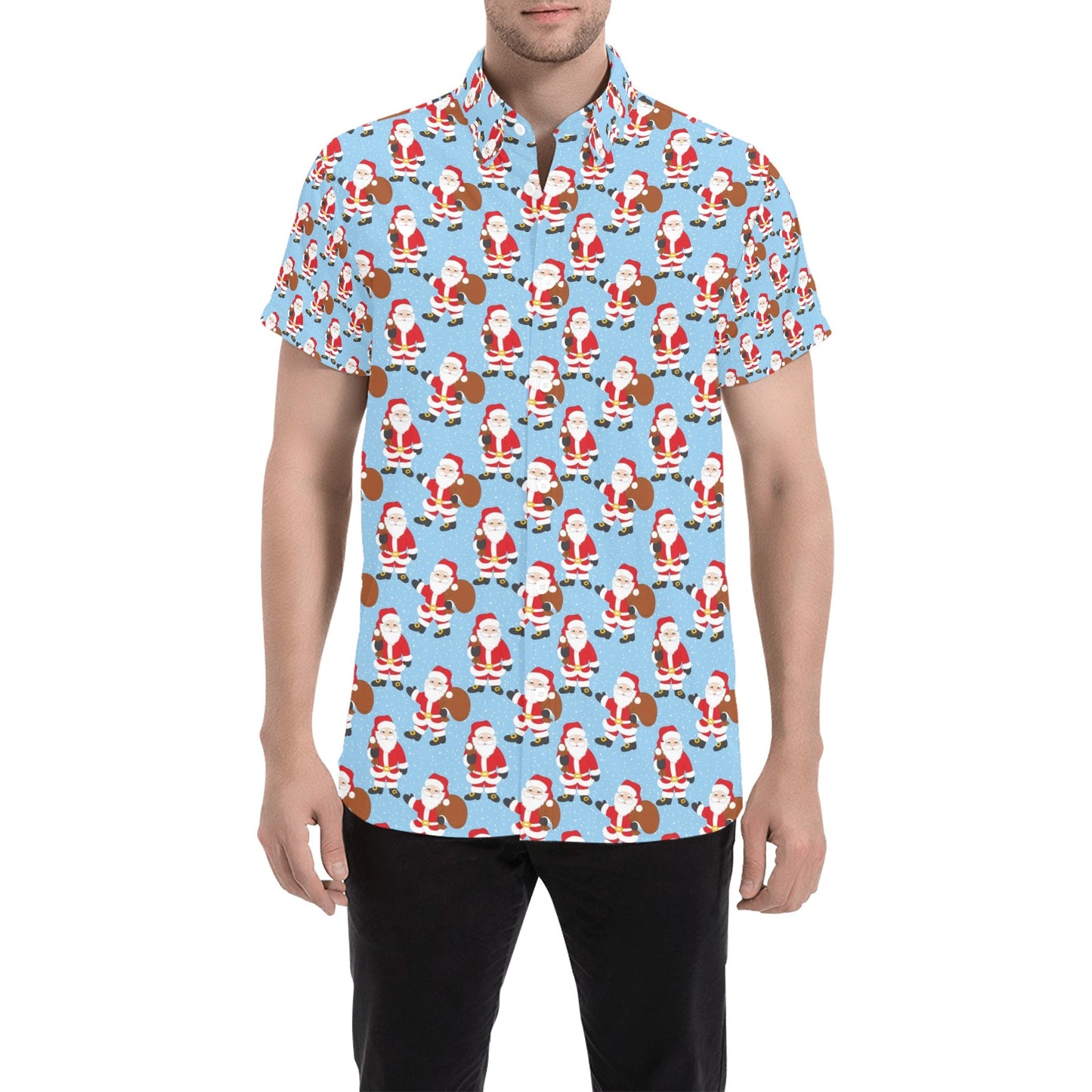 Santa Christmas Themed Print Design LKS305 Men Short Sleeve Button Up Shirt