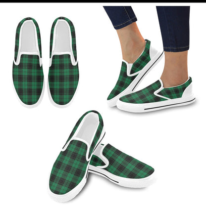 Tartan Green Print Design LKS302 White Slip Ons Canvas Women's Shoes