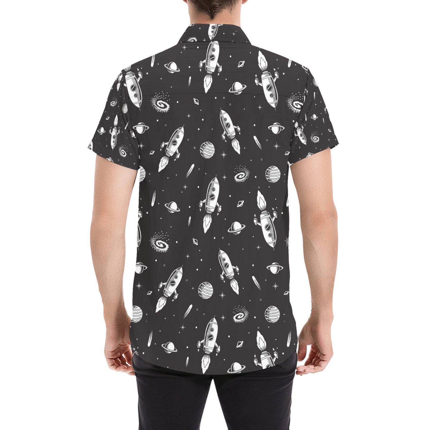 Space Rocket Print Design LKS303 Men Short Sleeve Button Up Shirt