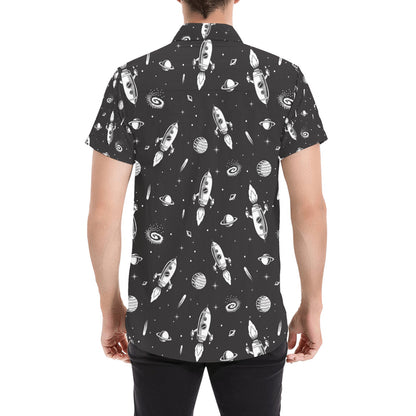 Space Rocket Print Design LKS303 Men Short Sleeve Button Up Shirt