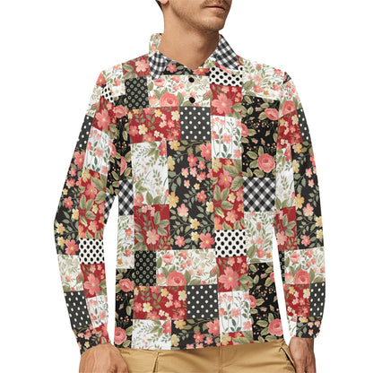 Patchwork Flower Pattern Print Design 03 Long Sleeve Polo Shirt For Men's