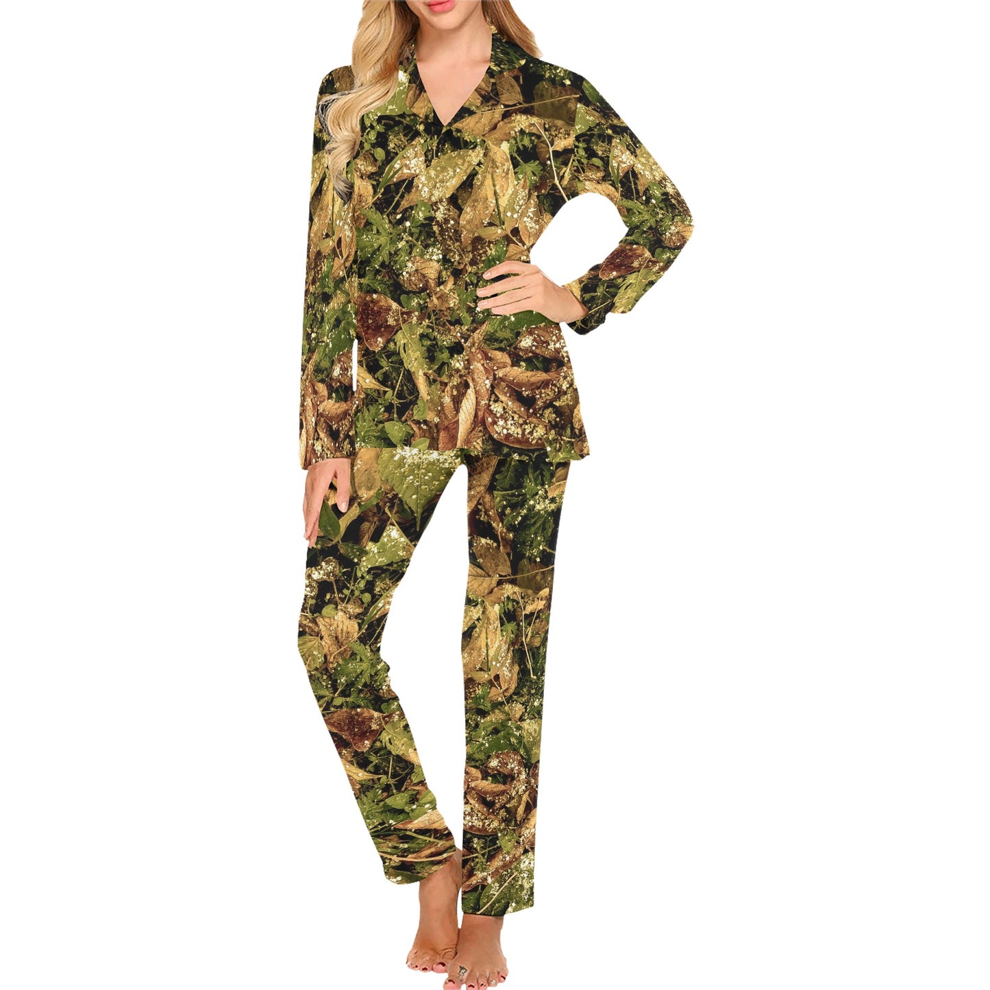 Camo Realistic Tree Forest Texture Print Women's Long Pajama Set