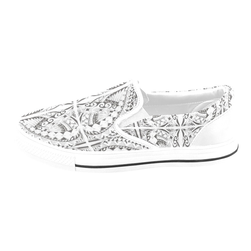 Samoan Style Print Design LKS301 White Slip Ons Canvas Women's Shoes