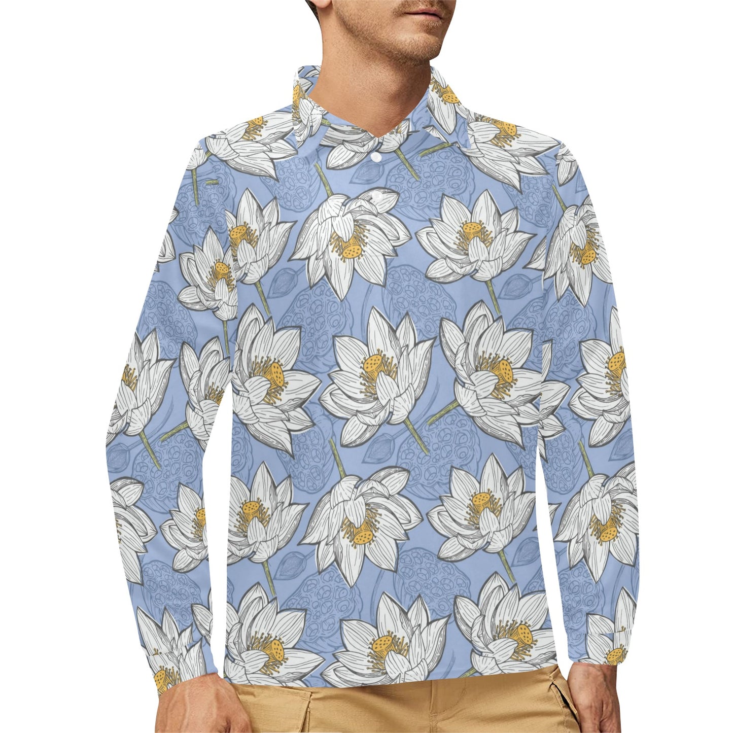 Lotus Pattern Print Design 04 Long Sleeve Polo Shirt For Men's