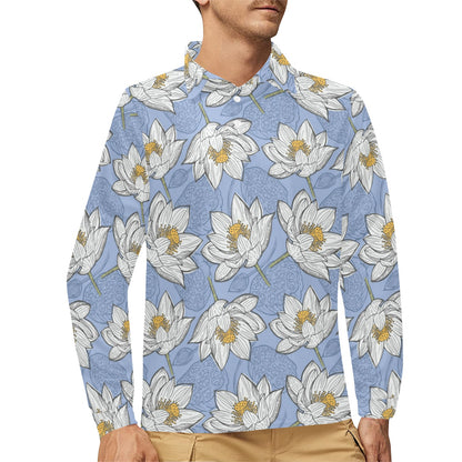 Lotus Pattern Print Design 04 Long Sleeve Polo Shirt For Men's