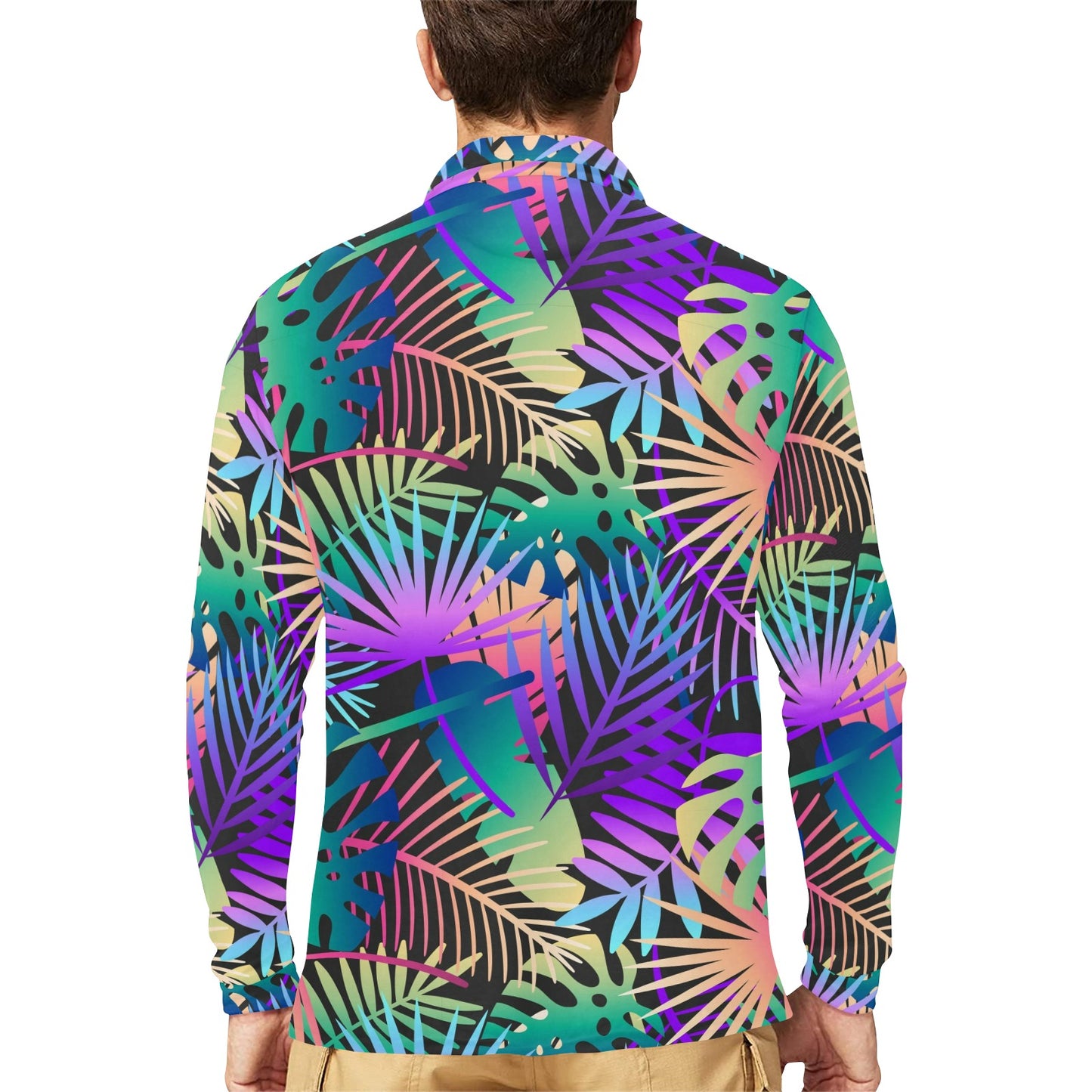 Neon Flower Tropical Palm Leaves Long Sleeve Polo Shirt For Men's