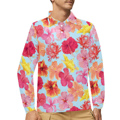 Hibiscus Pattern Print Design HB020 Long Sleeve Polo Shirt For Men's