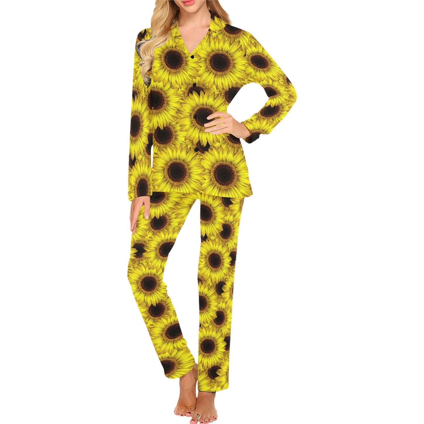 Sunflower Pattern Print Design SF011 Women's Long Pajama Set