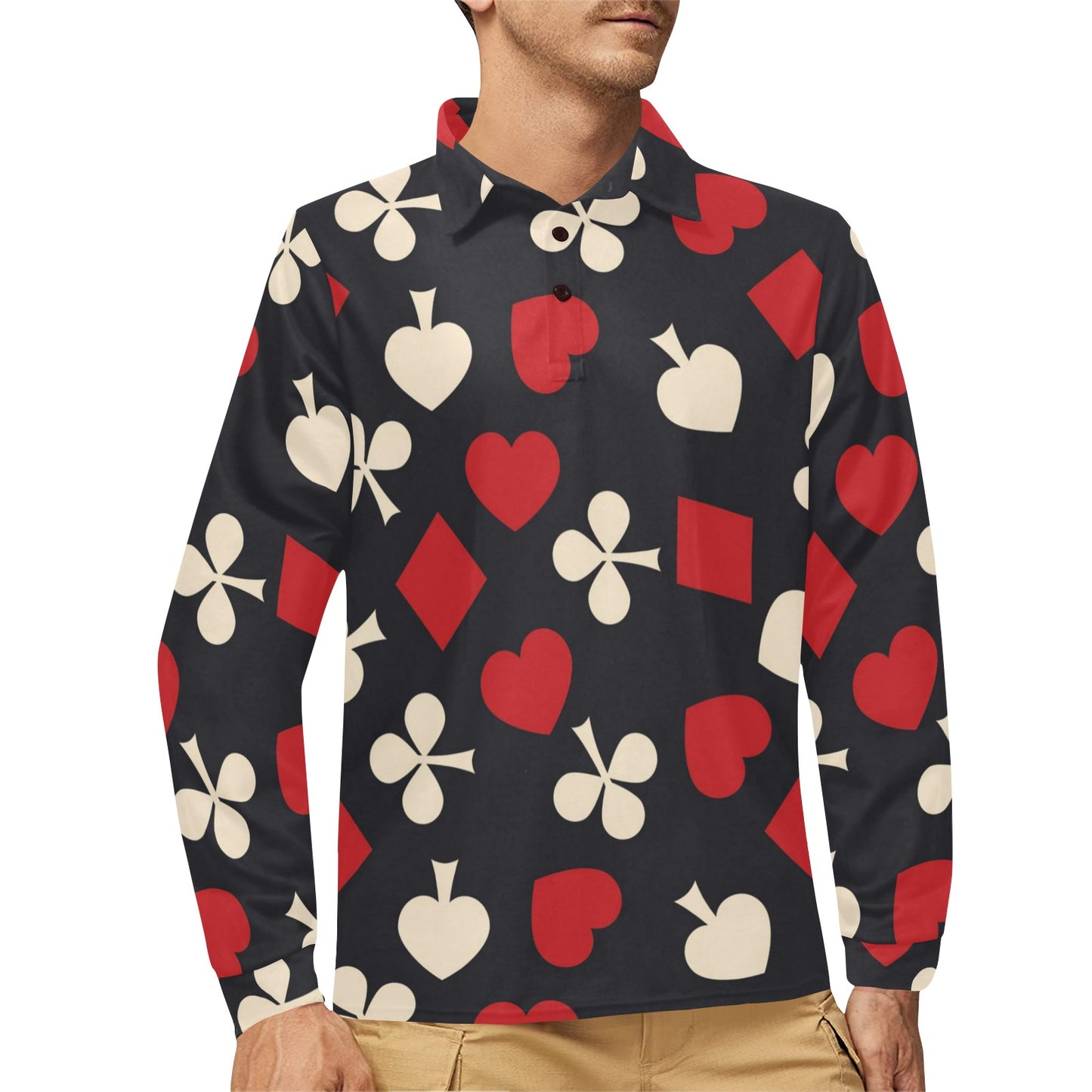 Poker Cards Pattern Print Design A02 Long Sleeve Polo Shirt For Men's