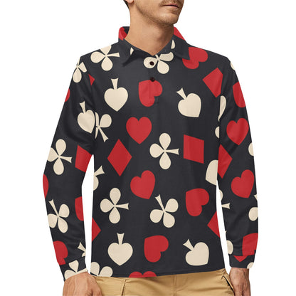 Poker Cards Pattern Print Design A02 Long Sleeve Polo Shirt For Men's