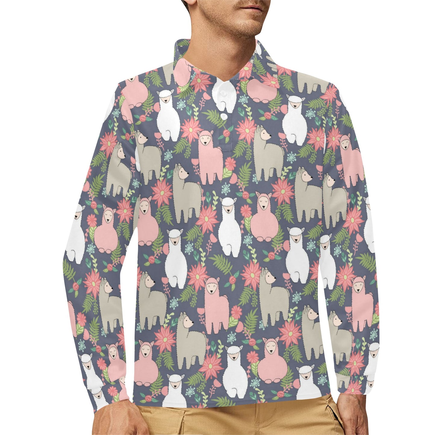 Alpaca Pattern Print Design 03 Long Sleeve Polo Shirt For Men's