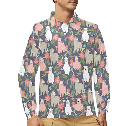 Alpaca Pattern Print Design 03 Long Sleeve Polo Shirt For Men's