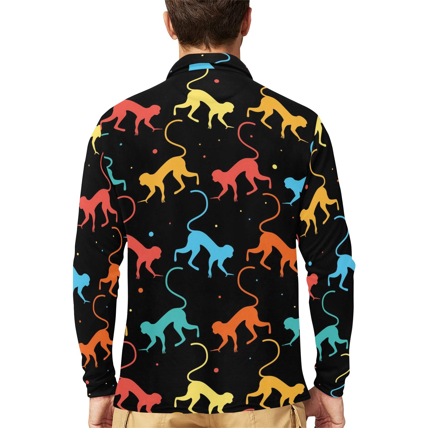 Monkey Pattern Print Design 01 Long Sleeve Polo Shirt For Men's