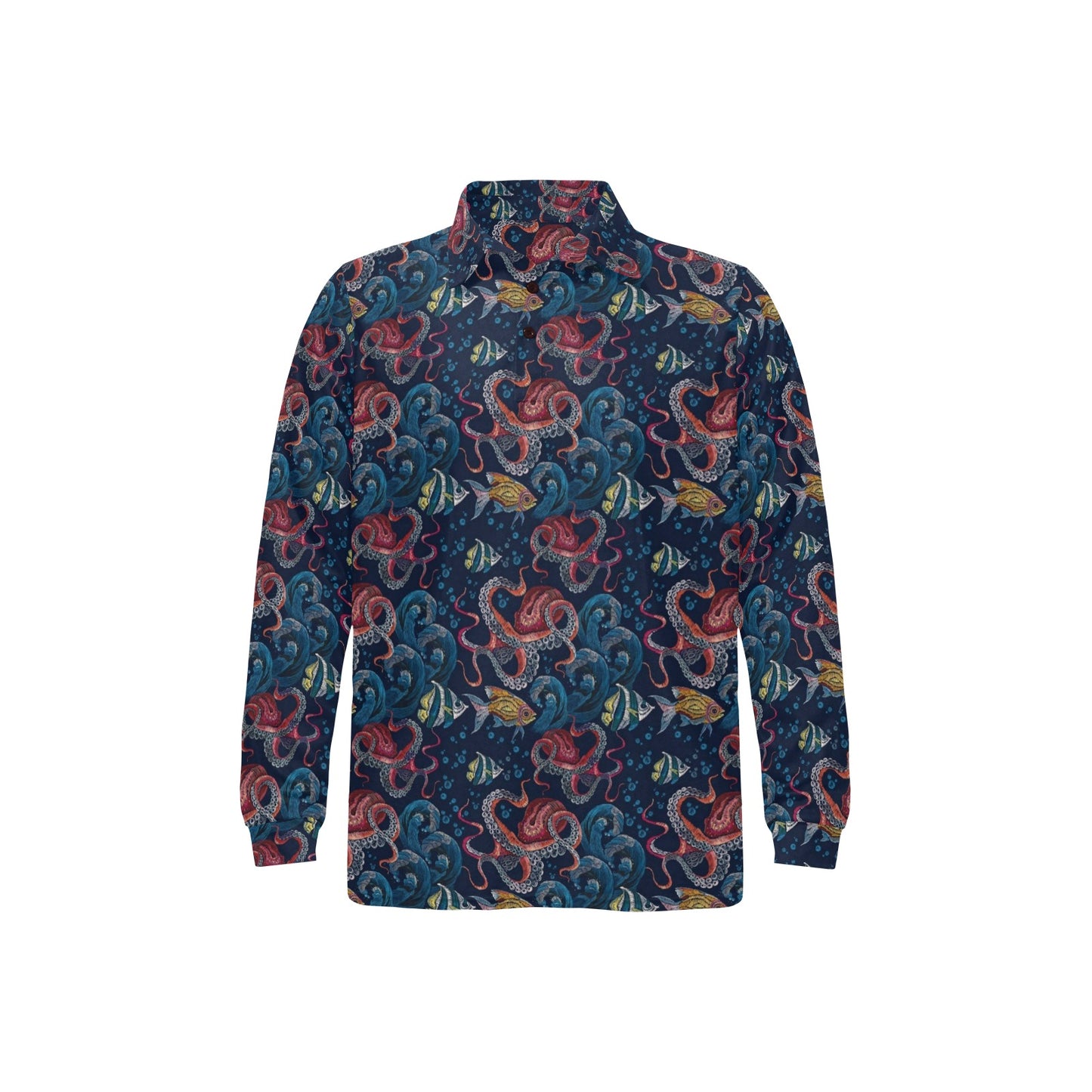 Octopus Deep Sea Print Themed Long Sleeve Polo Shirt For Men's