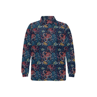 Octopus Deep Sea Print Themed Long Sleeve Polo Shirt For Men's