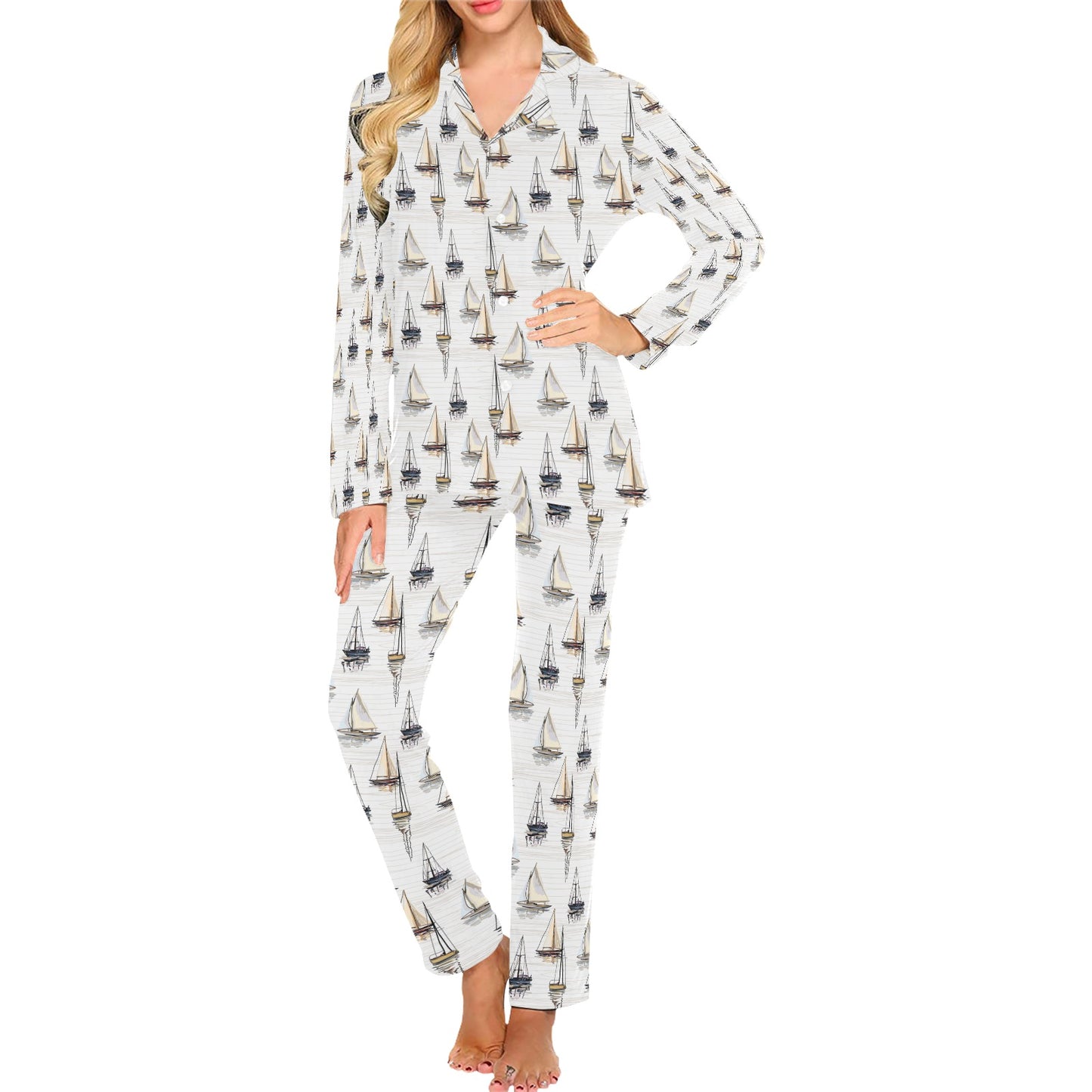 Sailboat Paint Pattern Print Design LKS307 Women's Long Pajama Set