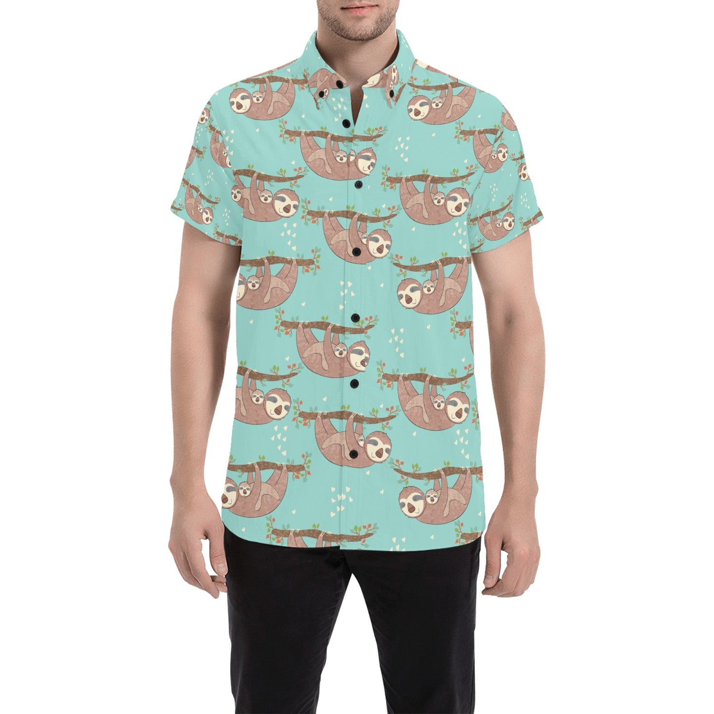 Sloth Print Design LKS302 Men Short Sleeve Button Up Shirt