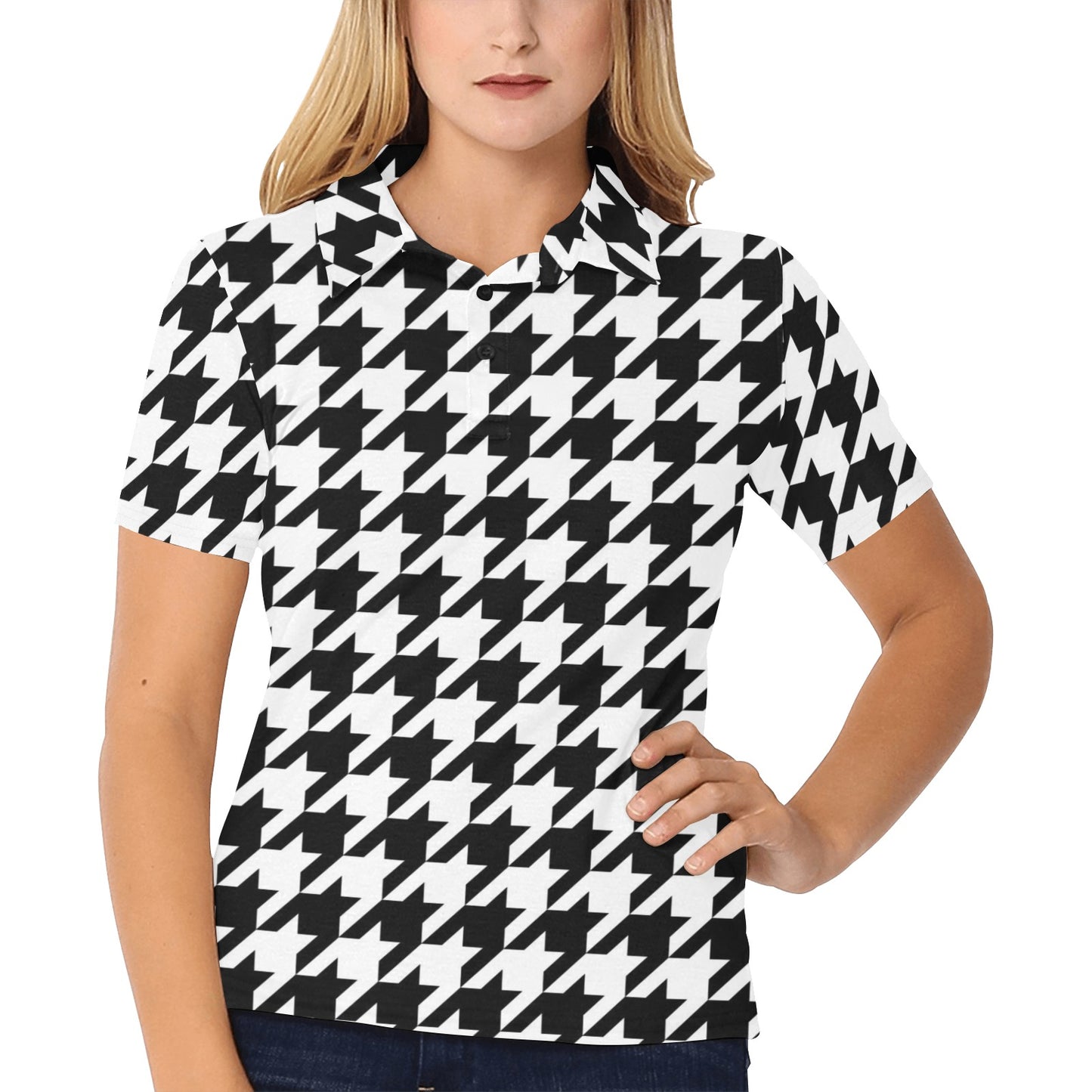 Houndstooth Black White Pattern Print Design 05 Women's Polo Shirt