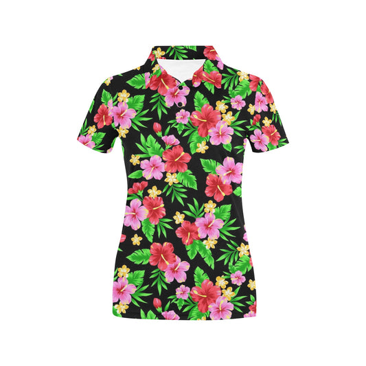 Pink Red Hibiscus Pattern Print Design HB023 Women's Polo Shirt