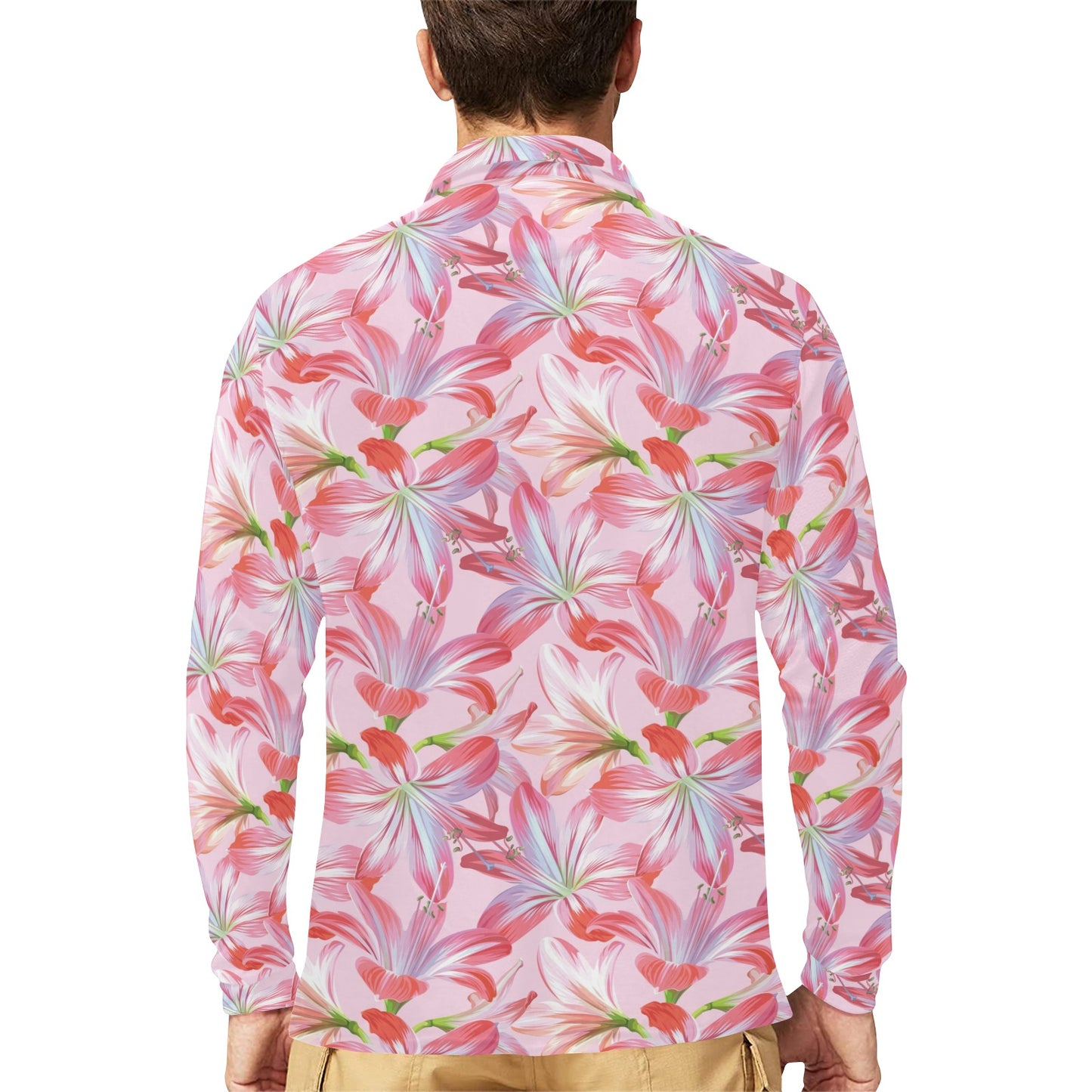 Amaryllis Pattern Print Design 02 Long Sleeve Polo Shirt For Men's