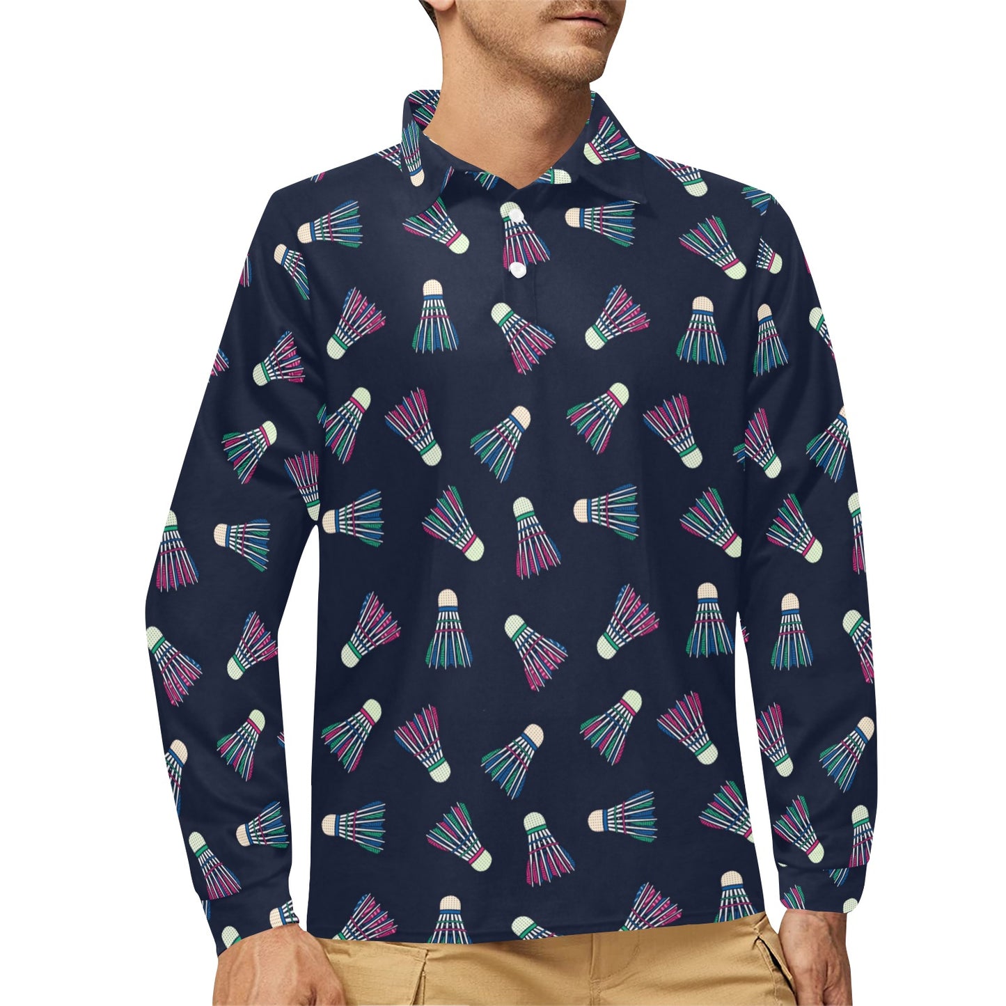 Badminton Ball Pattern Print Design 02 Long Sleeve Polo Shirt For Men's