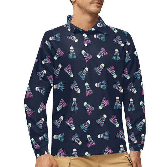 Badminton Ball Pattern Print Design 02 Long Sleeve Polo Shirt For Men's