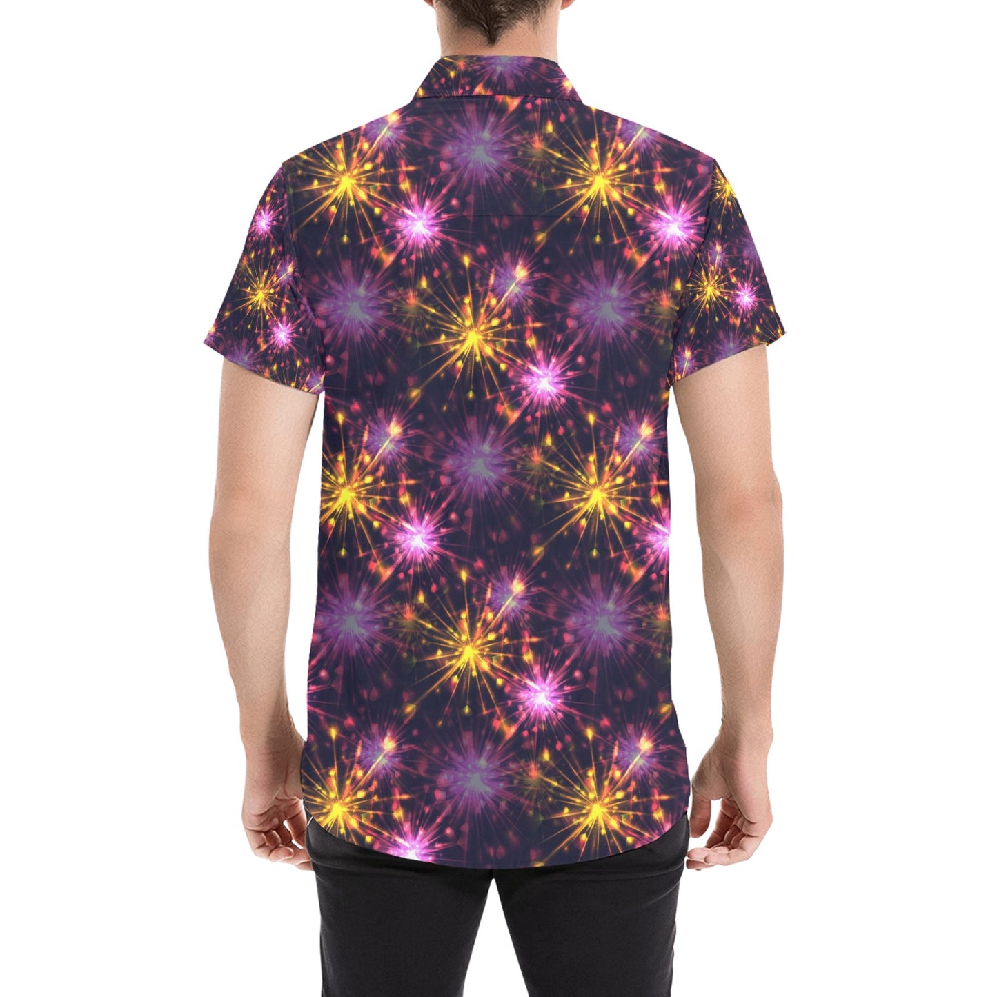 Firework Print Design LKS303 Men Short Sleeve Button Up Shirt