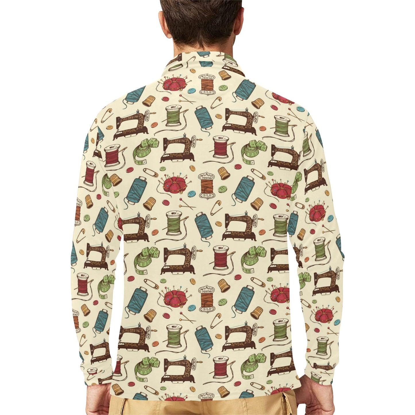 Sewing Equipment Print Design LKS303 Long Sleeve Polo Shirt For Men's