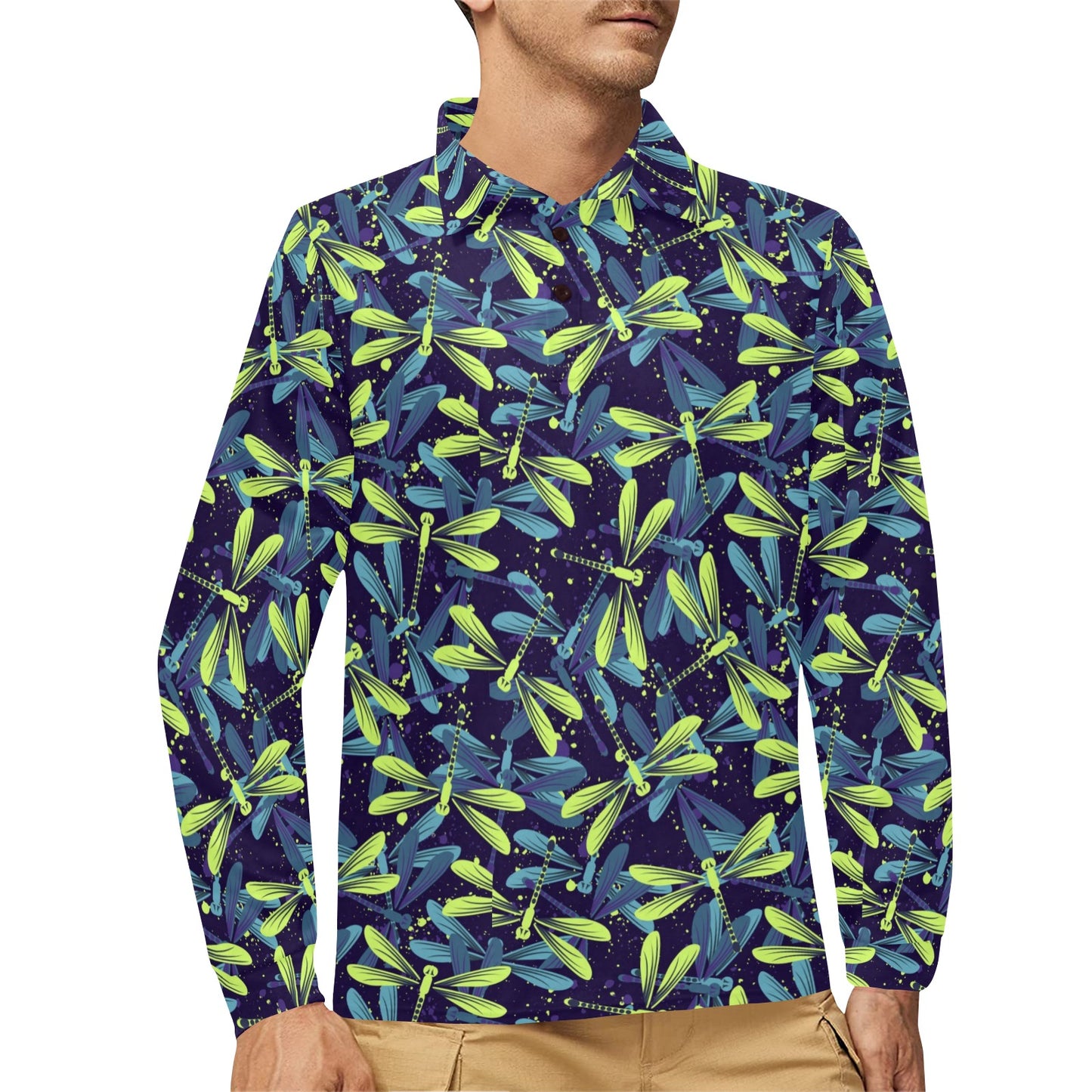 Dragonfly Lime Blue Print Pattern Long Sleeve Polo Shirt For Men's