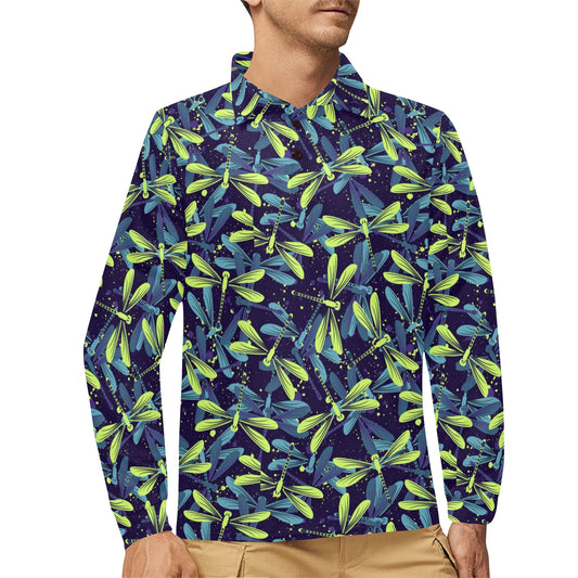 Dragonfly Lime Blue Print Pattern Long Sleeve Polo Shirt For Men's