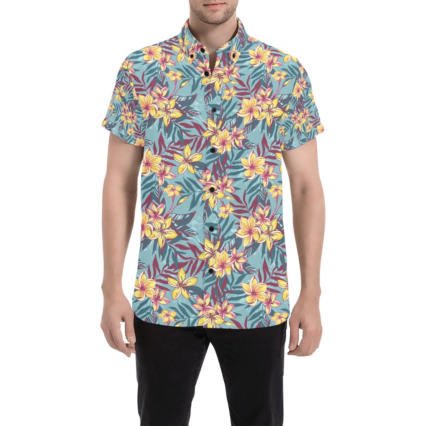 Summer Floral Print Design LKS304 Men Short Sleeve Button Up Shirt