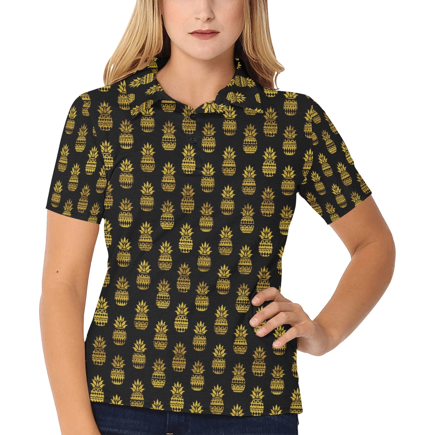 Pineapple Gold Tribal Style Print Women's Polo Shirt
