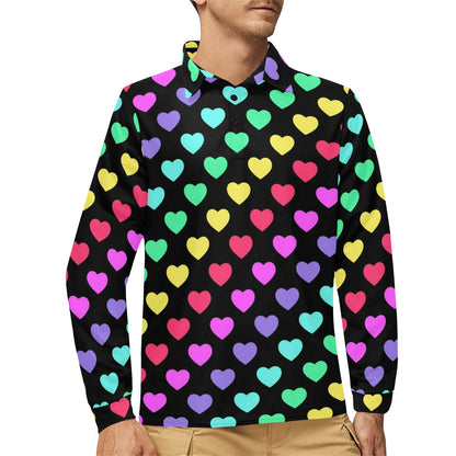 Heart Rainbow Pattern Print Design HE02 Long Sleeve Polo Shirt For Men's