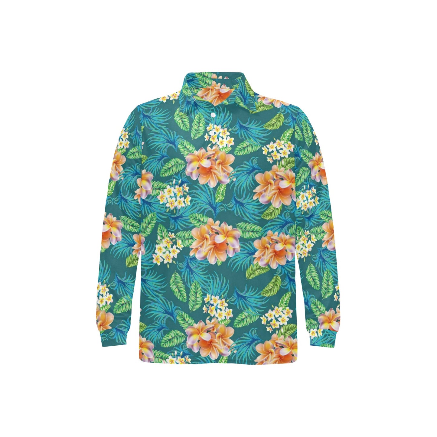 Plumeria Tropical Flower Design Print Long Sleeve Polo Shirt For Men's