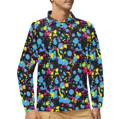 Splatter Colorful Print Design LKS301 Long Sleeve Polo Shirt For Men's