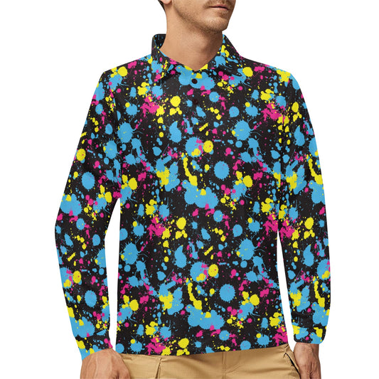 Splatter Colorful Print Design LKS301 Long Sleeve Polo Shirt For Men's