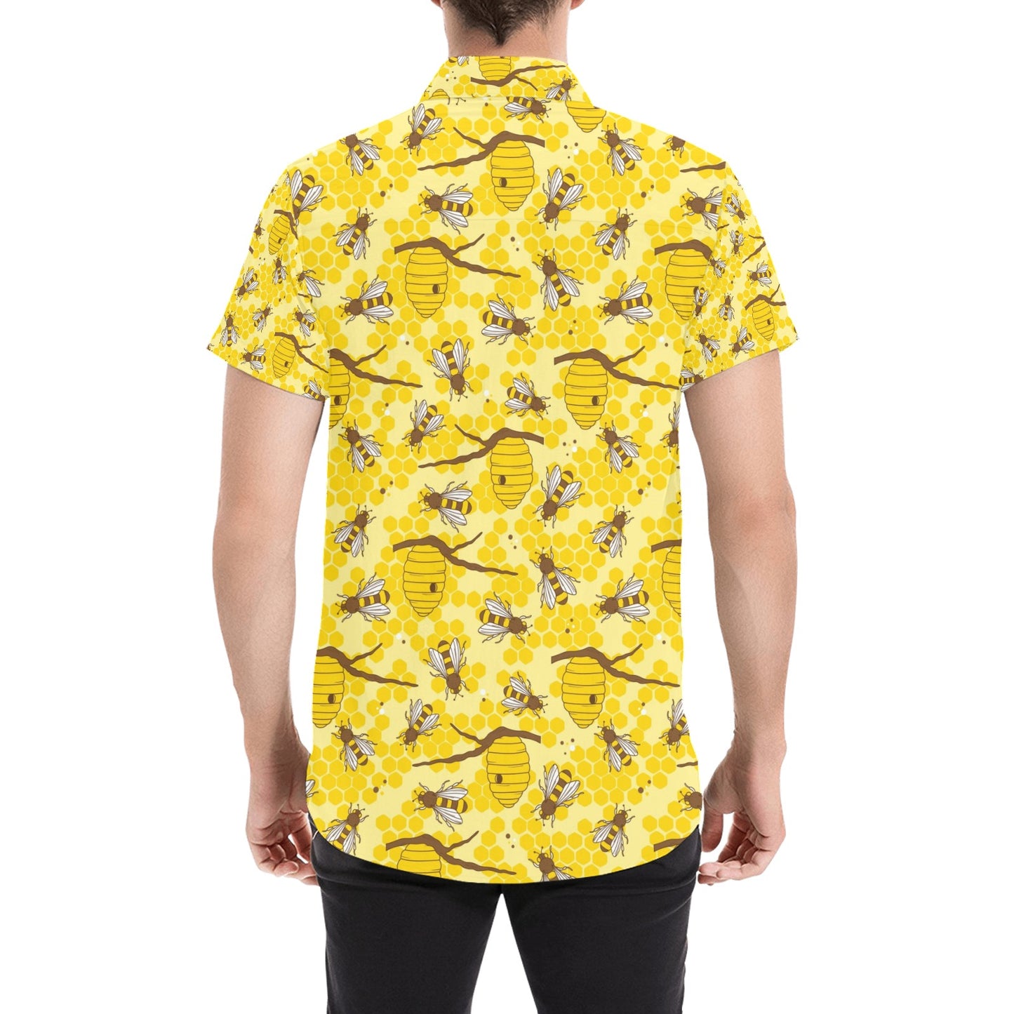 Bee With Honeycomb Print Design LKS302 Men Short Sleeve Button Up Shirt