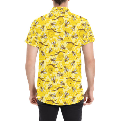 Bee With Honeycomb Print Design LKS302 Men Short Sleeve Button Up Shirt