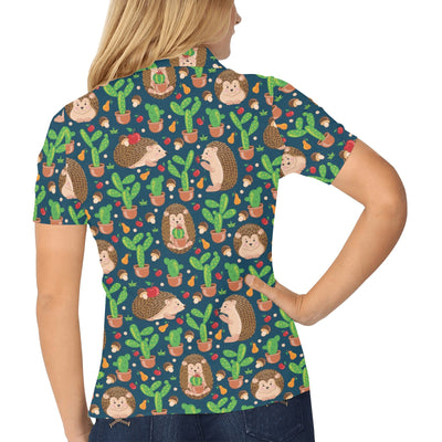 Hedgehog Cactus Pattern Print Design 04 Women's Polo Shirt