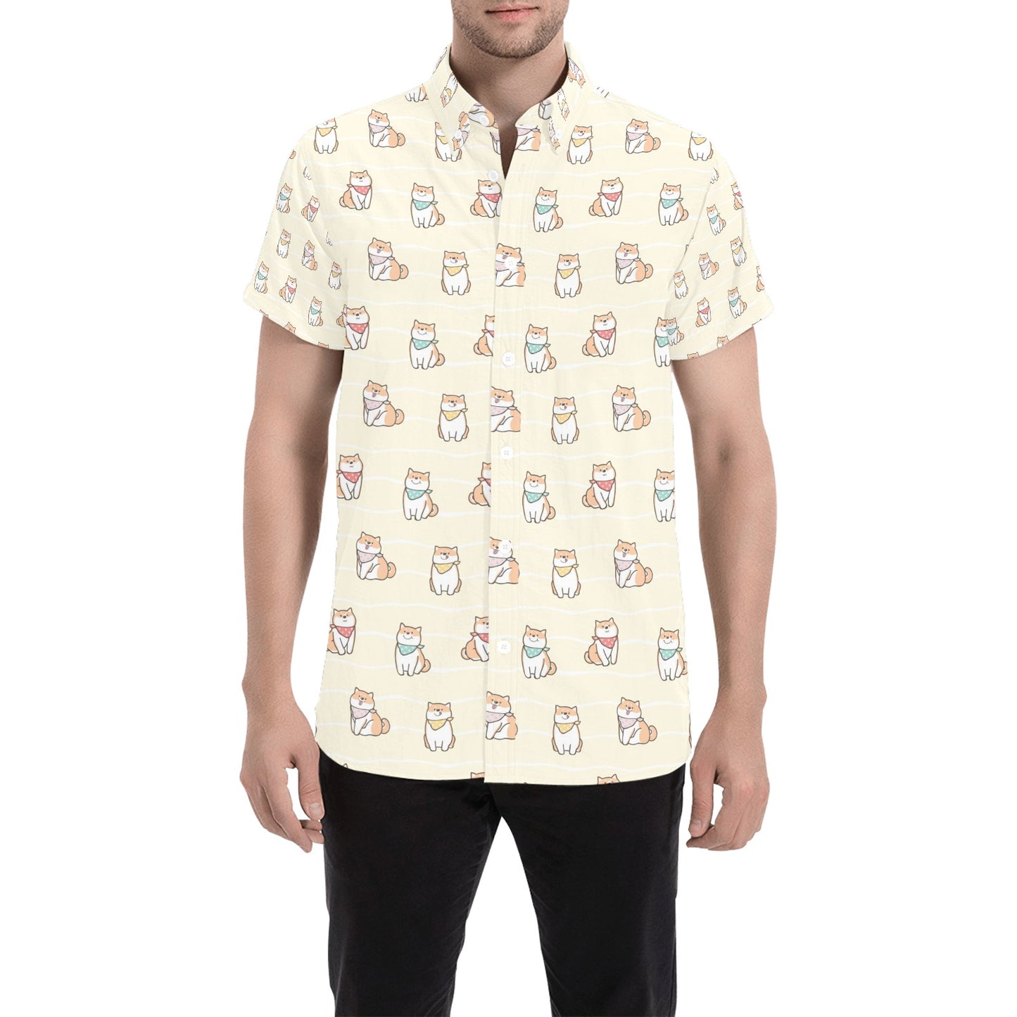Shiba Inu Print Design LKS306 Men Short Sleeve Button Up Shirt