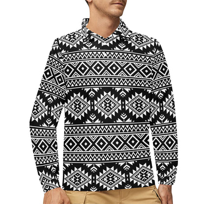 Aztec Black White Print Pattern Long Sleeve Polo Shirt For Men's