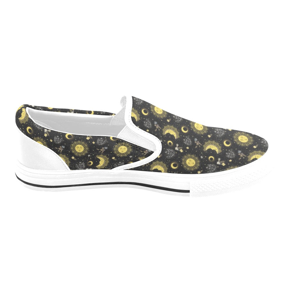 Sun Moon Print Design LKS301 White Slip Ons Canvas Women's Shoes