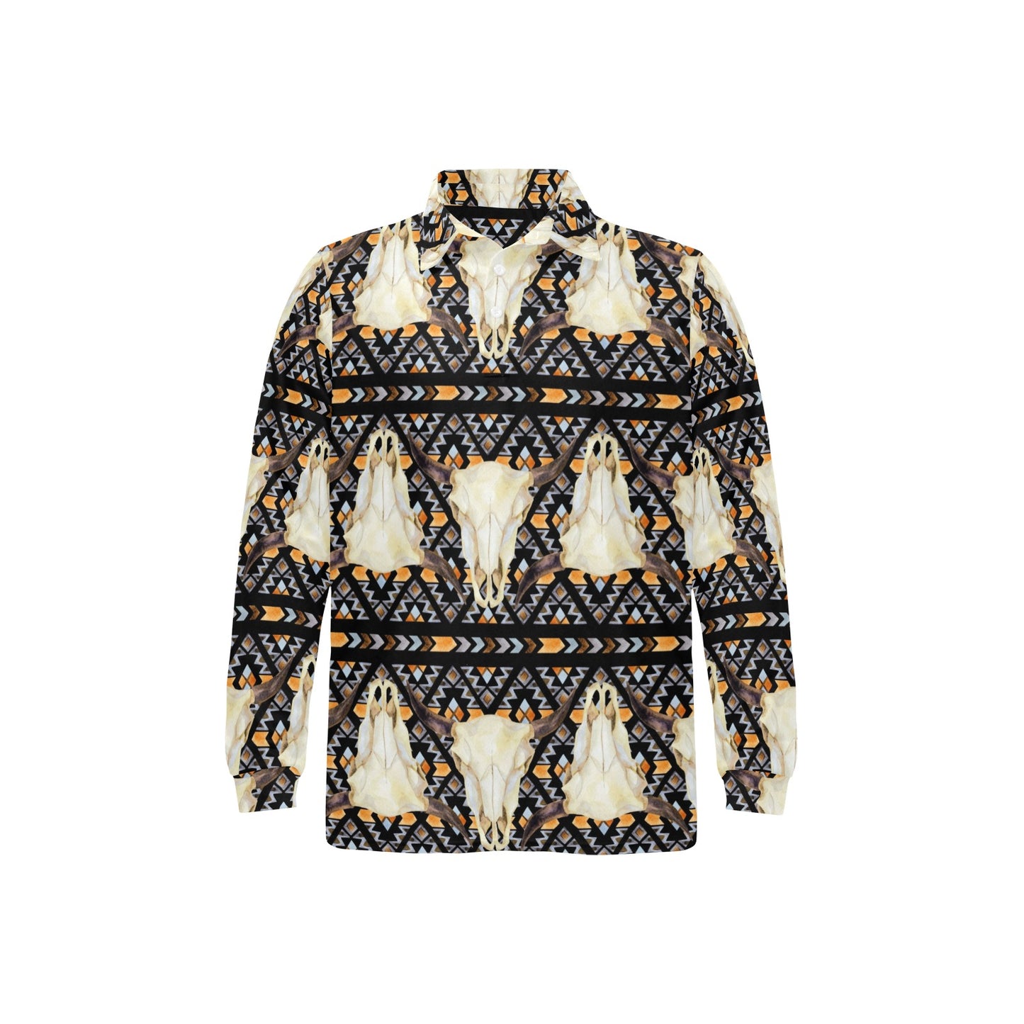 Buffalo Head Pattern Print Design 03 Long Sleeve Polo Shirt For Men's