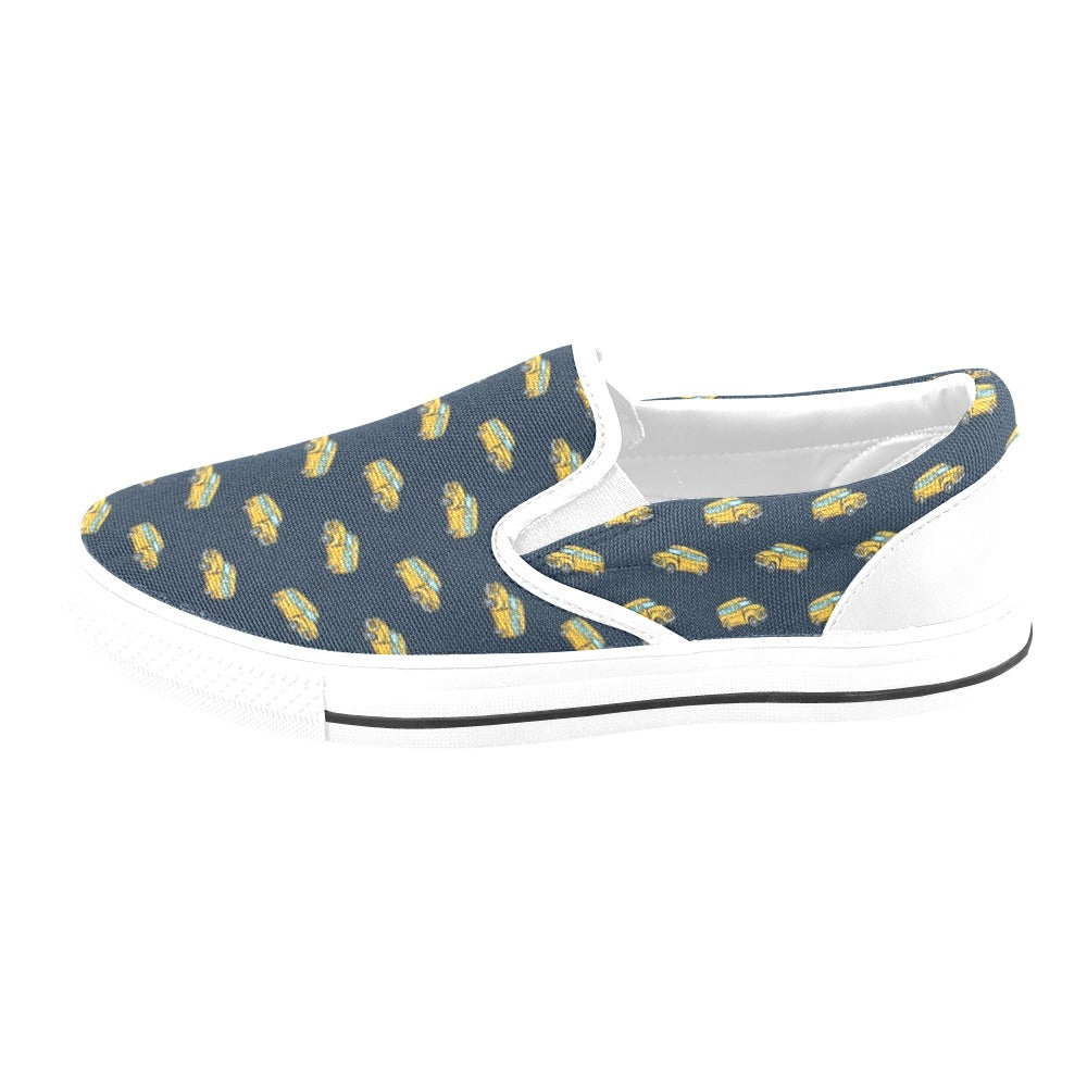 School Bus Print Design LKS304 White Slip Ons Canvas Women's Shoes